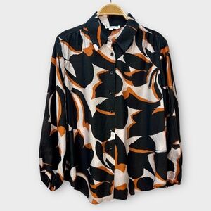 Chicos Women Blouse Button Top Bishop Sleeves Fall Autumn Abstract Artsy 12 READ